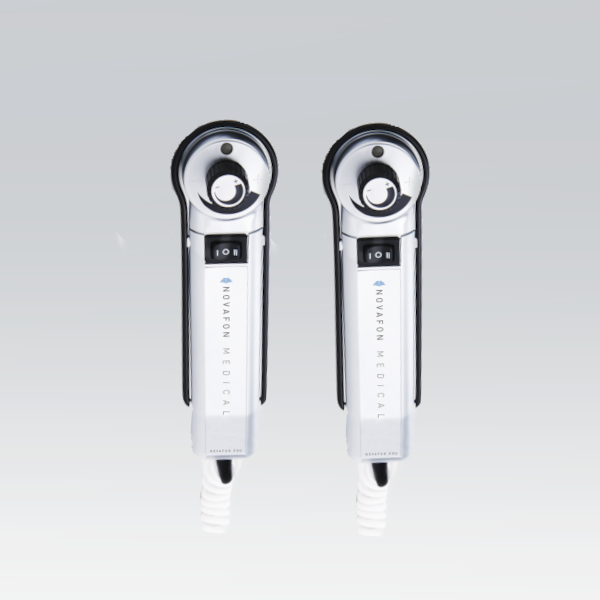 Two NovaFON Medical handheld devices with black nozzles, standing upright on a pale gradient background.